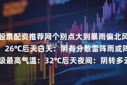 股票配资推荐网个别点大到暴雨偏北风2—3级最低气温：26℃后天白天：阴有分散雷阵雨或阵雨偏南风2—3级最高气温：32℃后天夜间：阴转多云偏北风2—3级最低气温：25℃7月30日：多云间晴 偏北风2—3级35℃~26℃7月31日：多云间晴 东北风2—3级35℃~26℃8月1日：多云转阴有雷阵雨或阵雨东北风2—3级34℃~27℃8月2日：阴转多云偏北风2—3级34℃~26℃8月3日：多云转阴有雷阵雨或